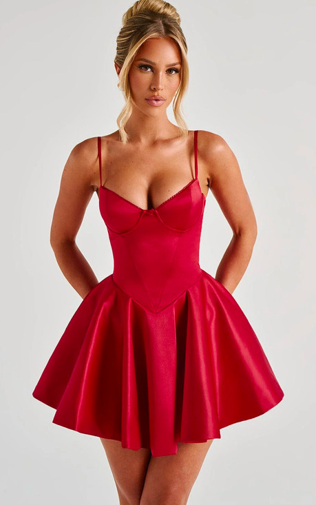 Babyboo Dresses & Skirts - Babyboo Poppy Red Satin Corset Bustier Fit Flare Mini Dress XS NWT